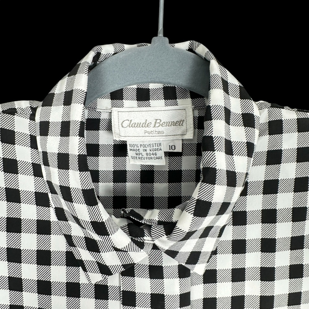 Claude Bennett Petites Vintage Gingham Button Down Blouse Black White Size 10